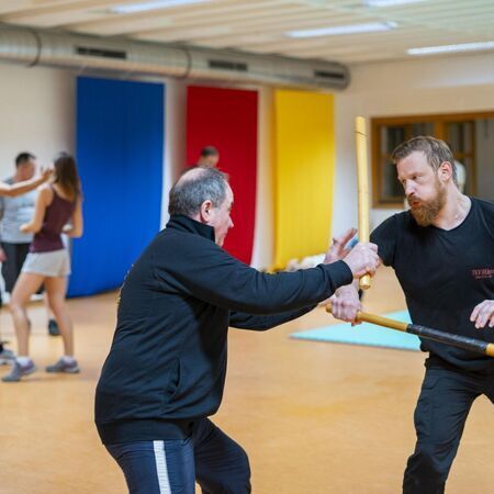 Zwei Männer mit Escrima-Stöcken üben Kampfsporttechniken